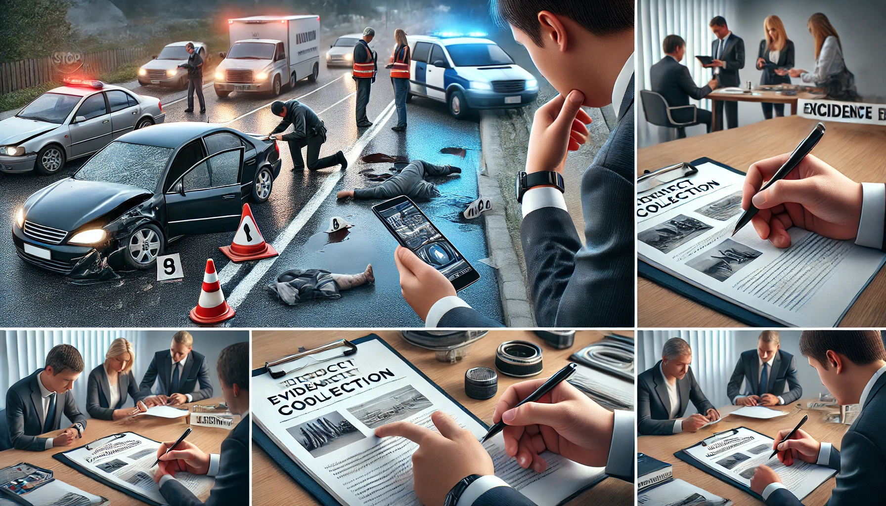 사고 현장에서의 올바른 대처, 증거 수집의 중요성, 보험사와의 협상 전략, 그리고 전문가의 도움을 받는 장면