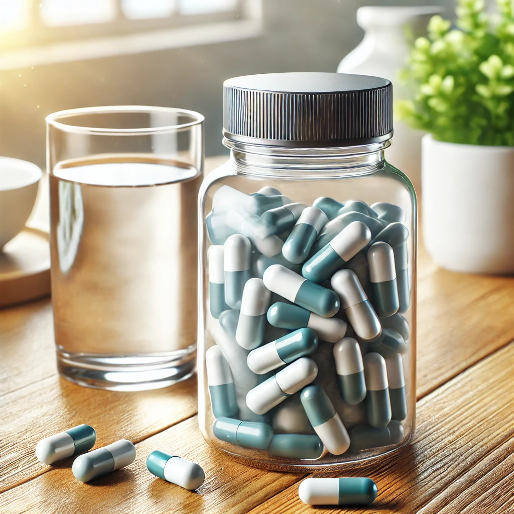 " L-아르기닌 보충제가 담긴 병과 물 한 잔이 나무 테이블 위에 놓인 모습"