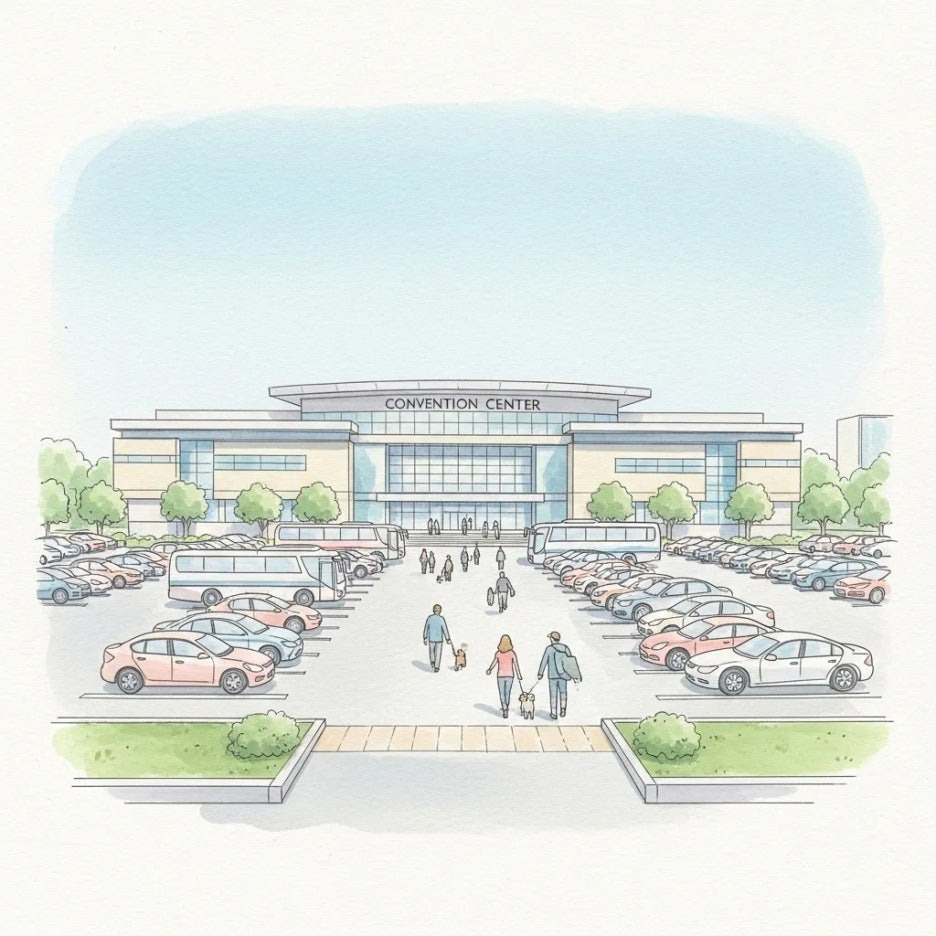 대전컨벤션센터 건물과 넓은 주차장의 전경