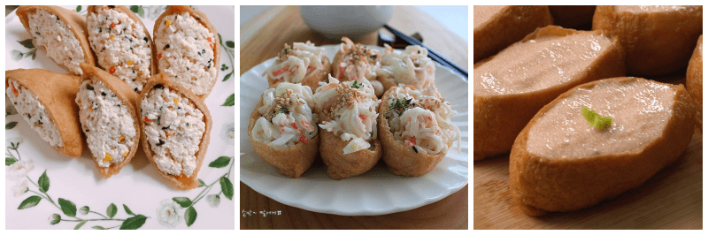두부 유부초밥, 크래미 유부초밥, 명란마요 유부초밥 사진