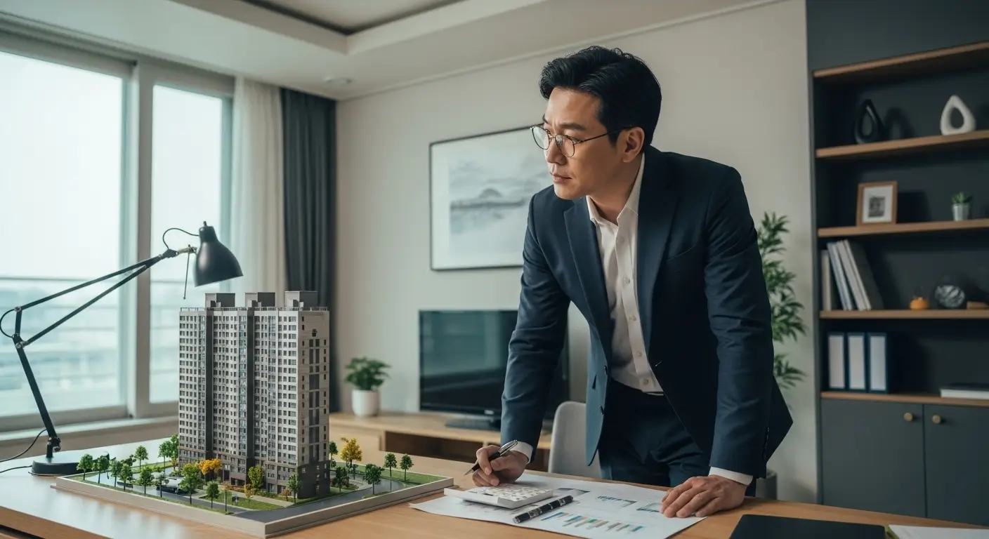 한 한국인 사업가가 자신의 아파트 모형을 보며, 후순위 사업자대출로 추가 한도를 받을 방법을 고민하는 모습