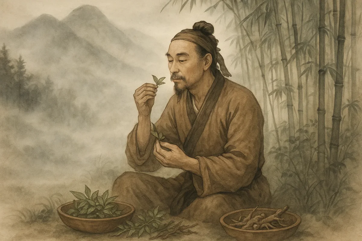 신농이 약초를 맛보며 연구하는 모습을 형상화한 전통 그림