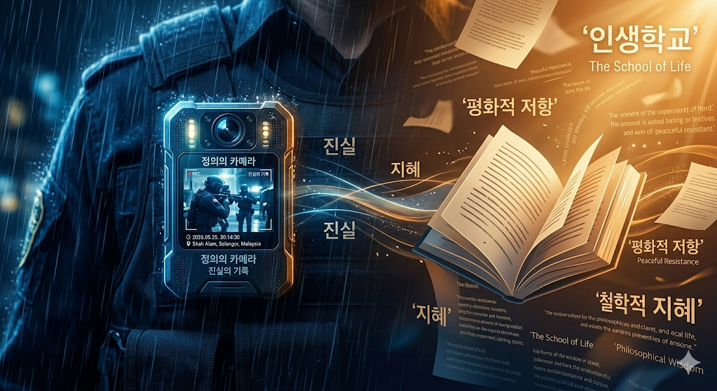 부패에 맞서는 경찰의 보디캠 불빛과 평화적 저항을 상징하는 인생학교 책의 페이지들이 조화롭게 어우러진 영화 콘셉트 일러스트