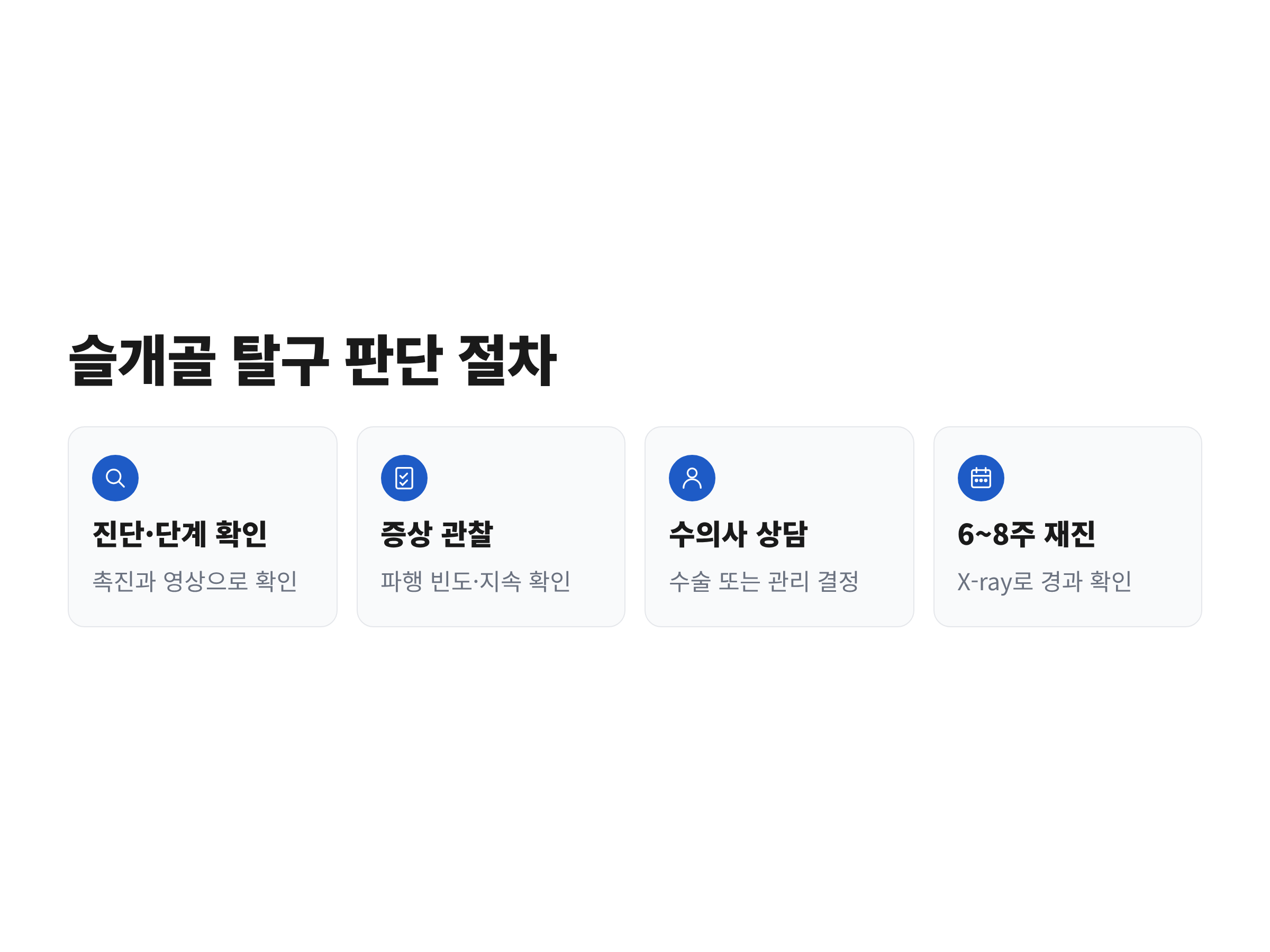 진단·단계 확인, 증상 관찰, 수의사 상담, 6~8주 재진으로 이어지는 슬개골 탈구 판단 절차
