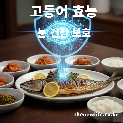 고등어의 DHA가 눈 건강 보호와 망막 기능 유지에 도움이 되는 것을 설명하는 이미지