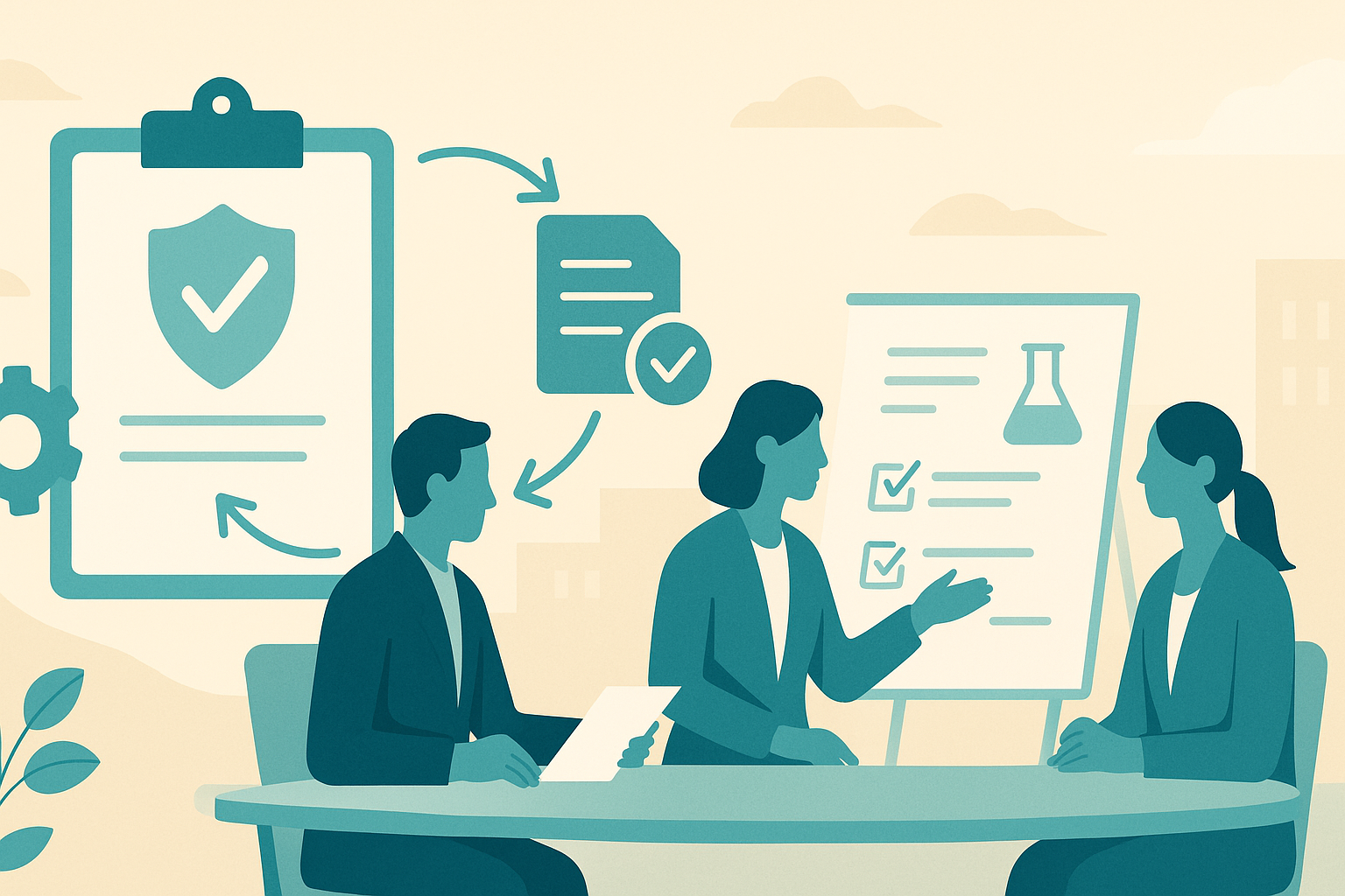 와이드 배너 형태의 일러스트에서 세 명의 전문가가 책상과 화이트보드 앞에서 체크리스트와 서류를 함께 검토하며 규제 준수 프로세스를 논의하는 장면으로, 호주 마스크팩 시장 동향과 K-뷰티 호주 진출 전략, HS 330790 관세 혜택, AICIS·TGA 규제 대응, 멀티채널 유통 전략을 상징적으로 표현한 이미지