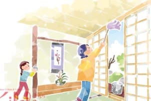 어머니와 딸이 집을 청소하는 그림