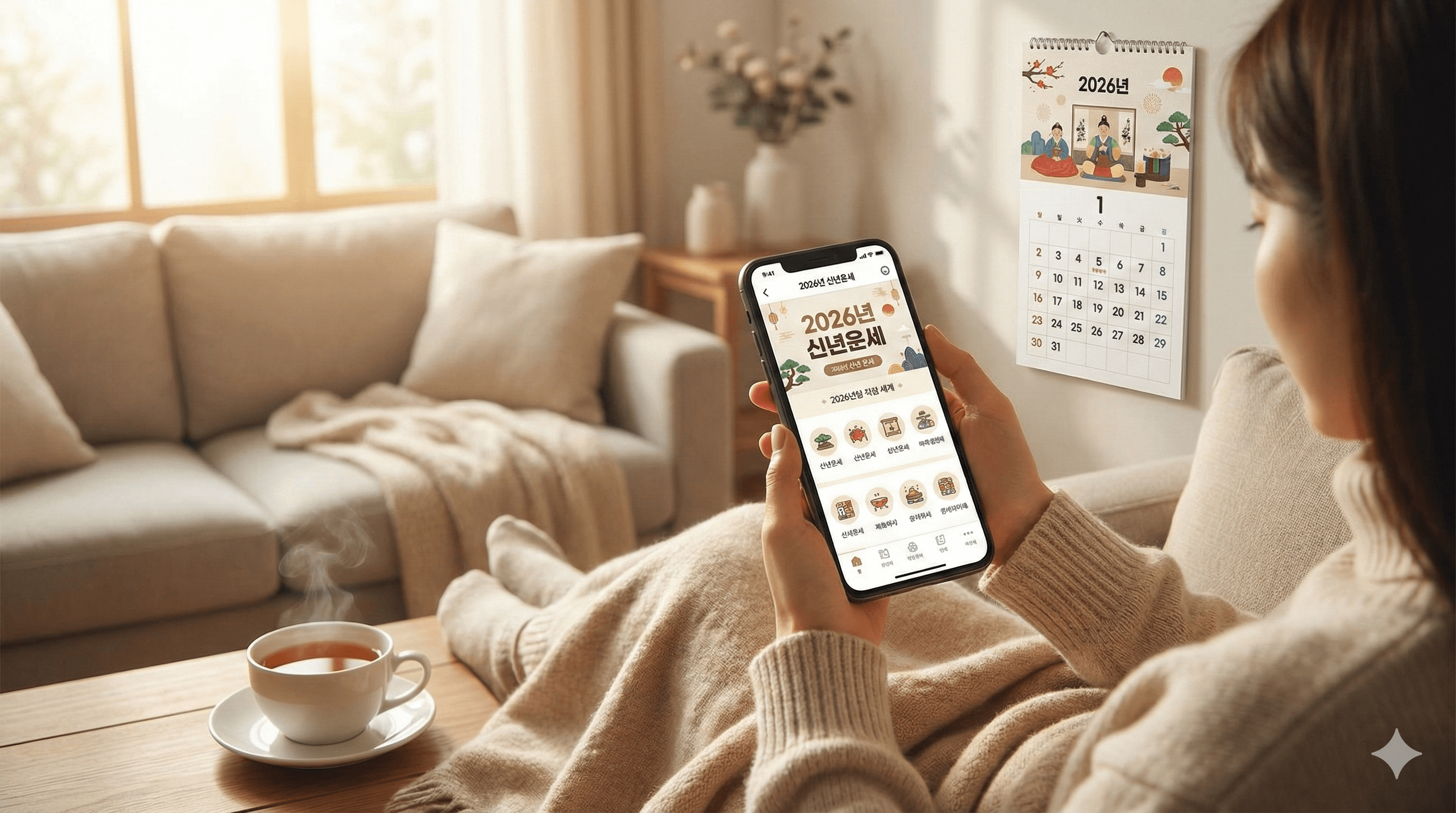 2026년 새해 스마트폰으로 무료 신년운세를 확인하는 모습