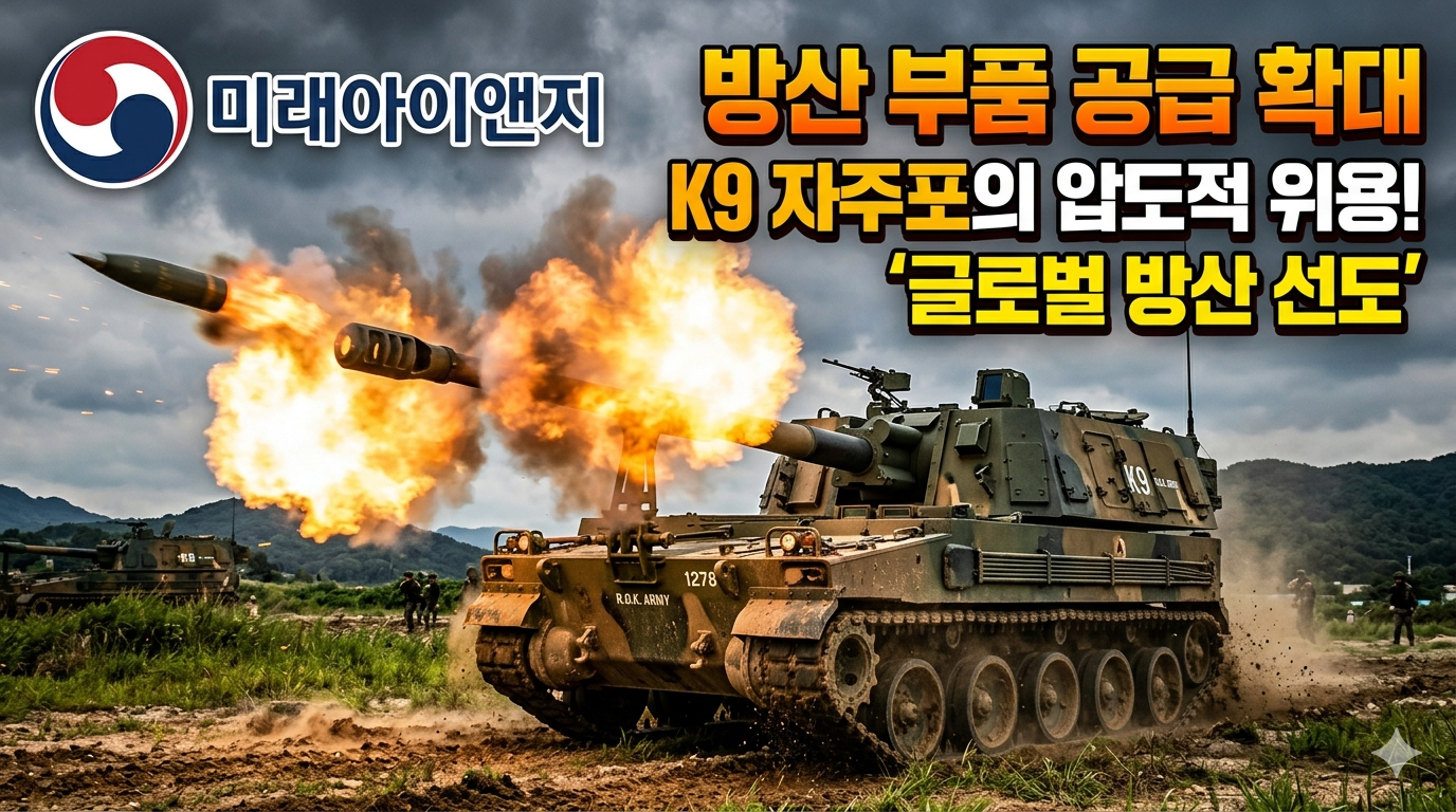 K9 자주포의 위용 넘치는 사격 장면과 미래아이앤지 로고, 그리고 '방산 부품 공급 확대' 텍스트가 강조된 썸네일 이미지