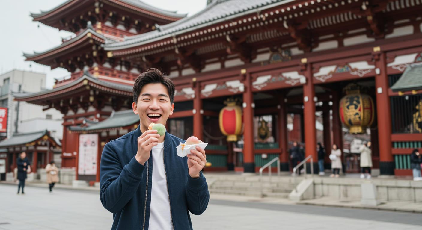 도쿄 아사쿠사 센소지 앞에서 전통 과자를 들고 있는 귀여운 한국인 남성