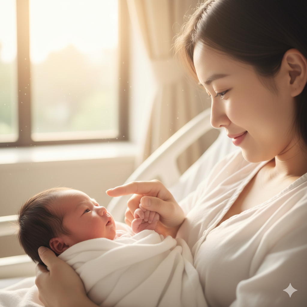 갓 태어난 아기가 엄마의 품 안에서 눈을 맞추며 작고 소중한 손으로 엄마의 손가락을 꼭 쥐고 있는 감동적인 순간