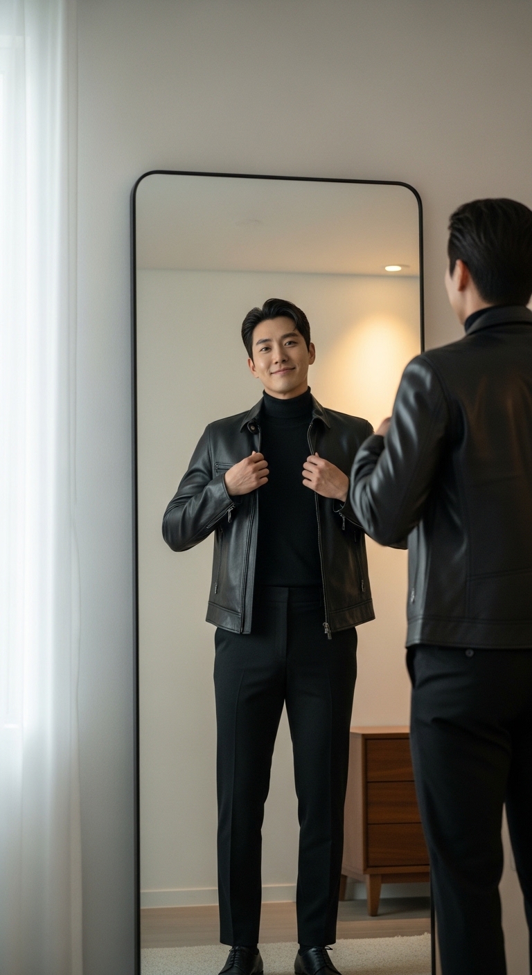 전신 거울 앞에서 오늘 완성한 코디를 만족스럽게 보고 있는 모습