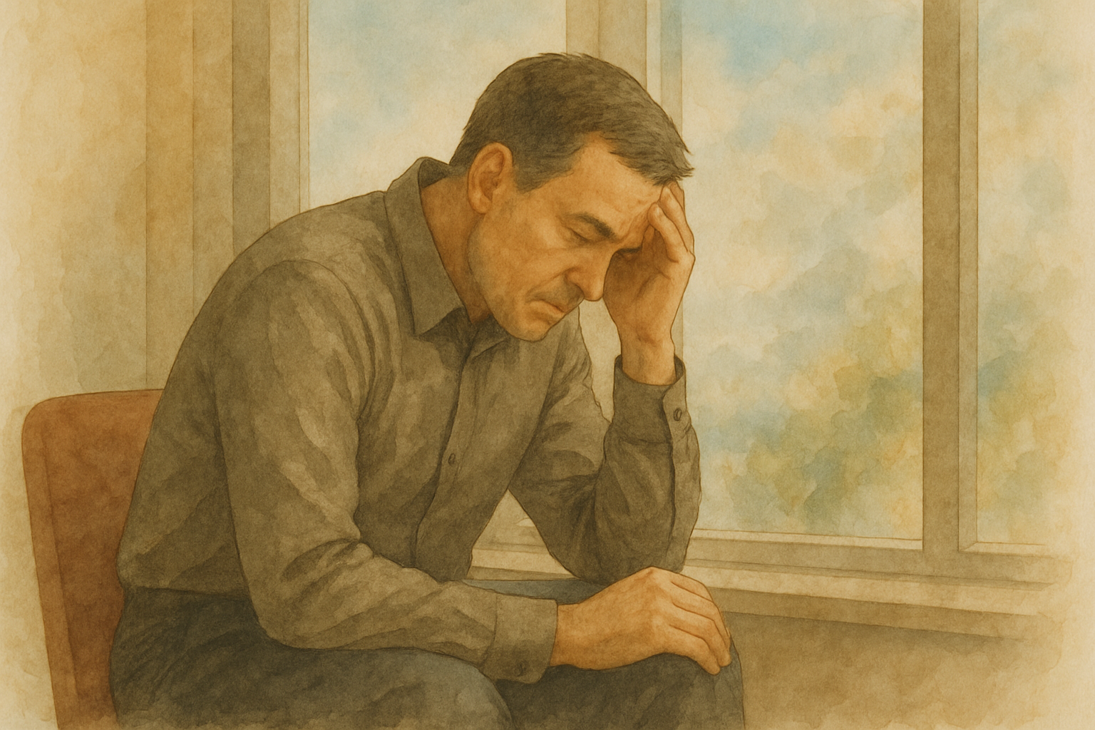 창가 옆 깊은 생각에 잠긴 남자