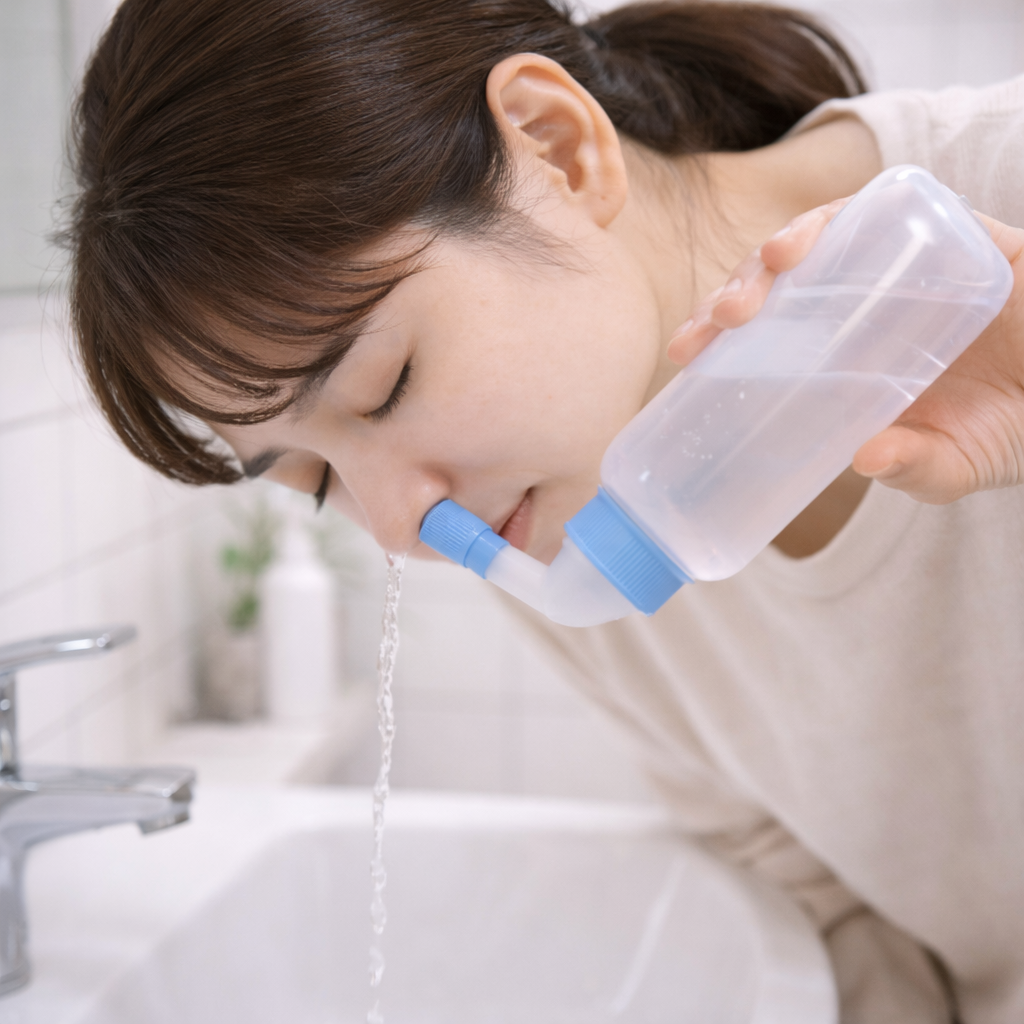 코막힘 완화를 위해 비강세척(코세척)을 하는 모습