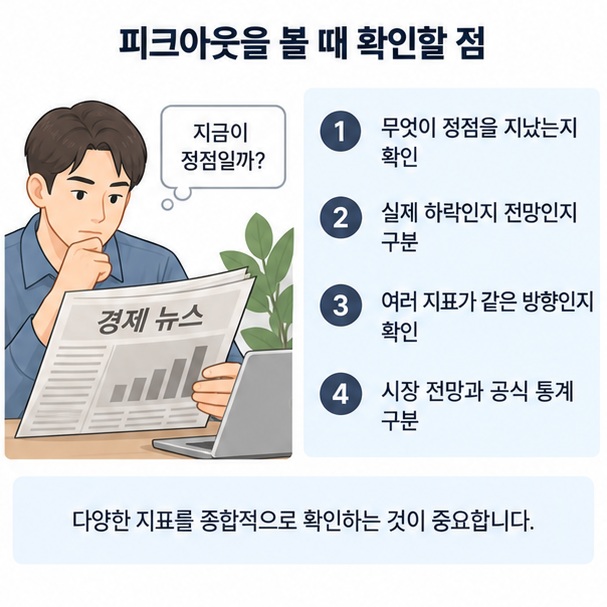 경제기사에서 피크아웃의 대상과 실제 하락 여부, 전망과 공식 통계를 구분해 확인하는 방법을 보여주는 이미지