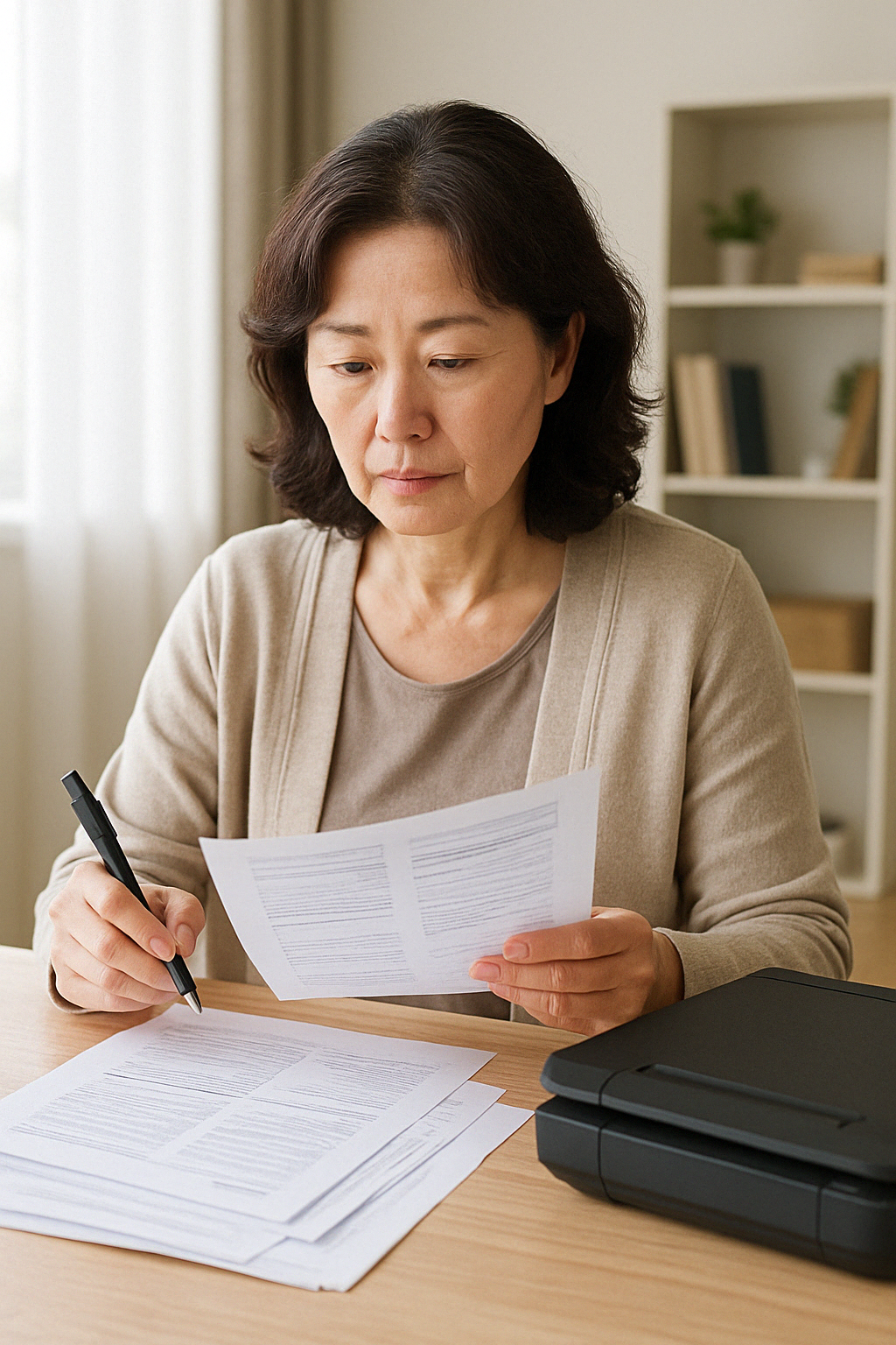 문서를 정리하거나 스캐너 옆에서 서류를 챙기는 중년 여성