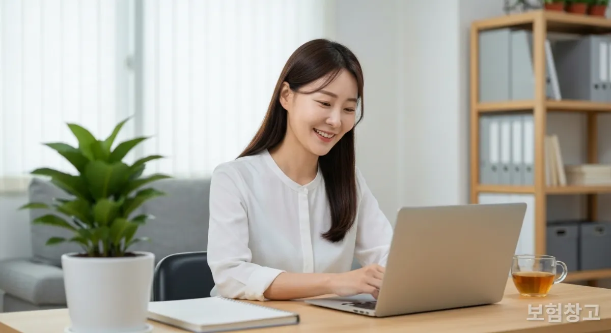 집에서 노트북으로 보험 포트폴리오를 점검하며 미소 짓는 한국 여성