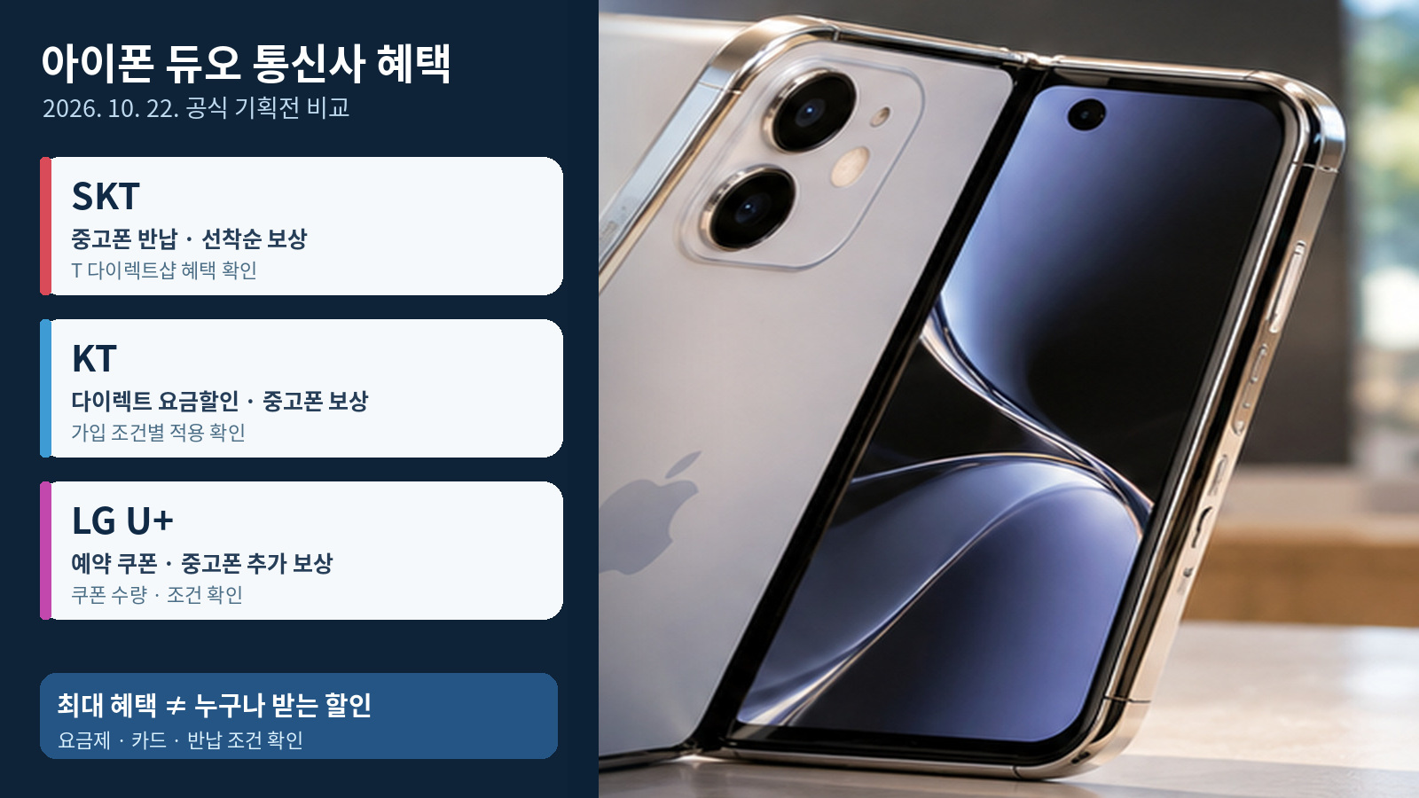 사진처럼 표현한 접이식 스마트폰 옆에 SKT의 중고폰 보상, KT의 요금할인, LG U+의 예약 쿠폰과 적용 조건을 비교한 실사형 인포그래픽