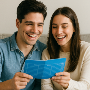 청년내일저축통장 보고 웃는 청년남녀