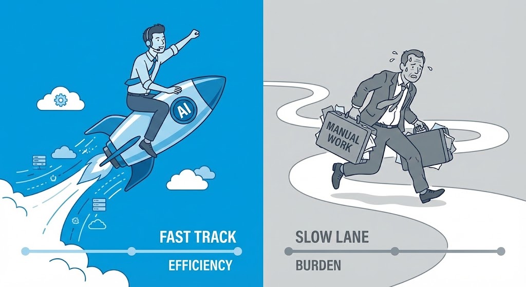 젊은 직원은 로켓을 타고 날아가는데, 50대 직원은 무거운 서류 가방을 들고 뛰어가는 대비 이미지