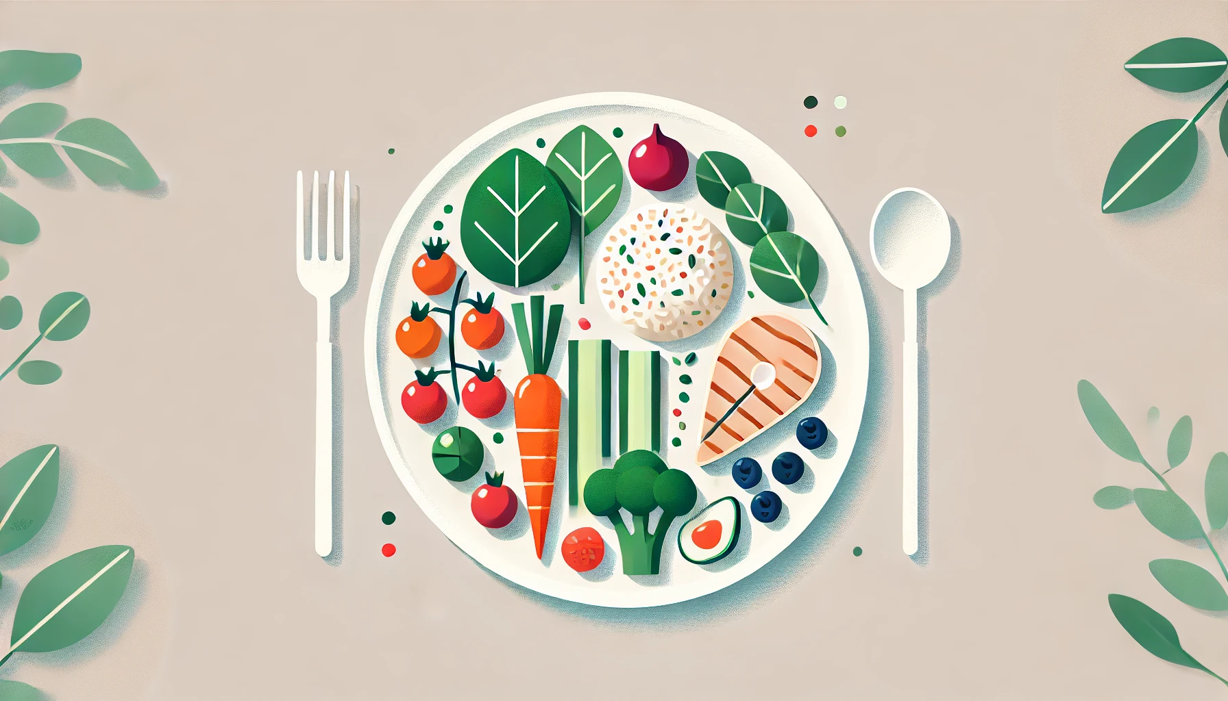현미밥, 닭가슴살, 다양한 채소, 블루베리로 구성된 건강한 한 끼 식단을 미니멀하게 표현한 일러스트