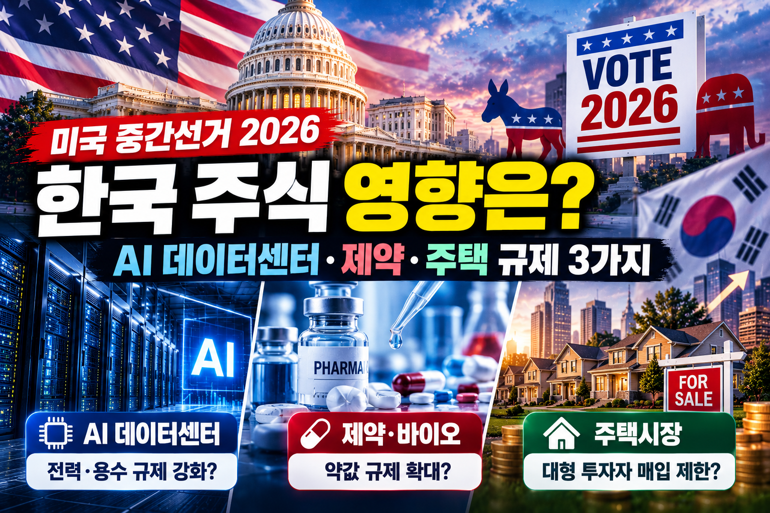 미국 중간선거 2026 한국 주식 영향 AI 데이터센터 제약 바이오 주택시장 규제 3가지