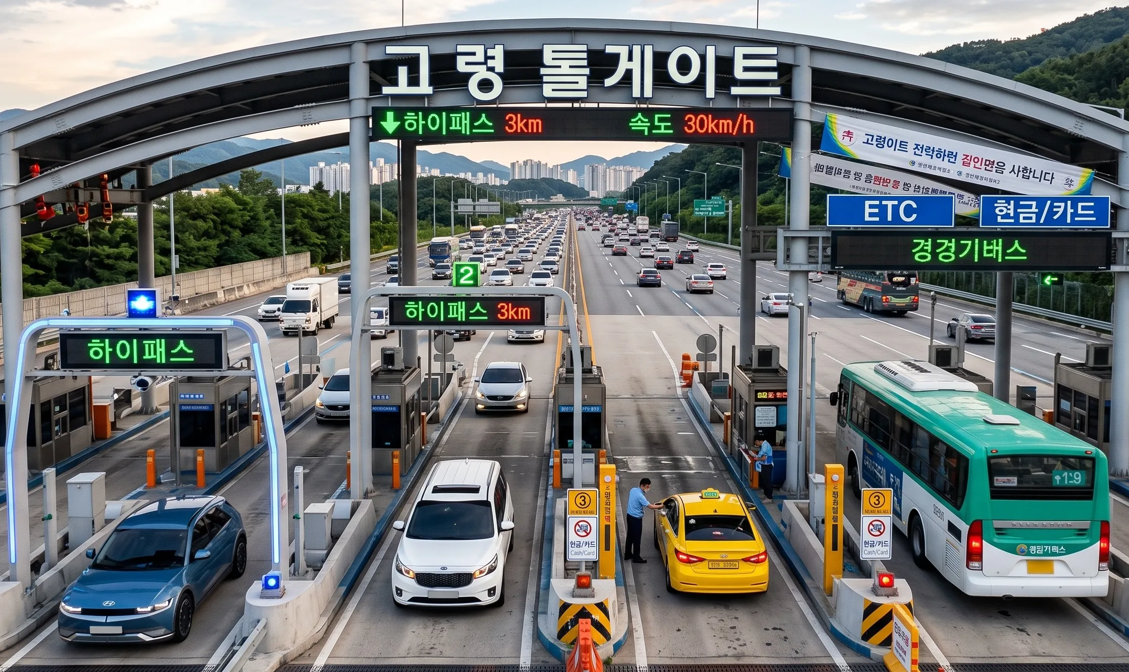 고속도로 톨게이트를 지나는 자동차들