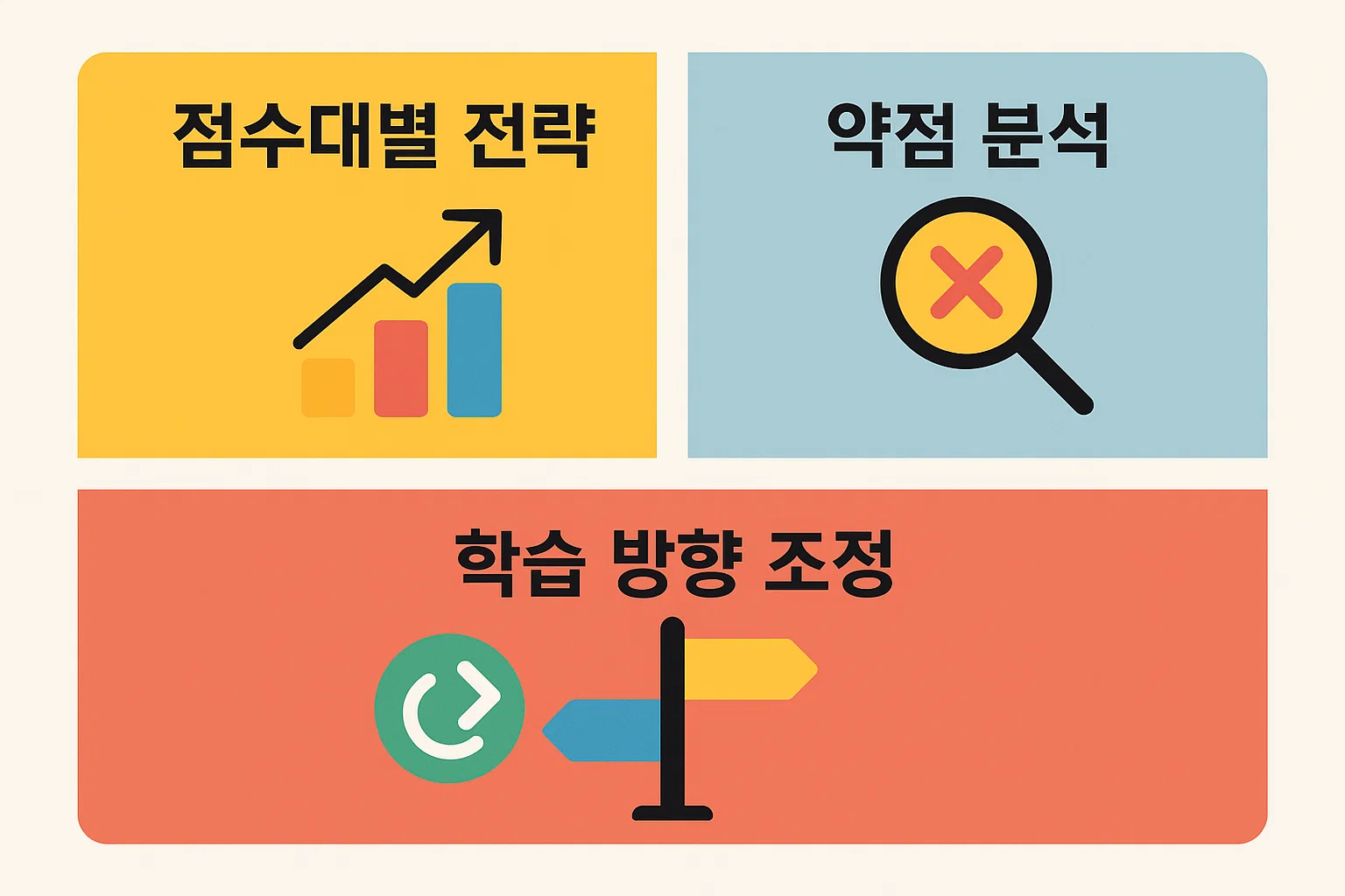 점수대별 전략, 약점 분석, 학습 방향 조정 등 가답안 발표 후 수험생이 반드시 챙겨야 하는 전략을 정리한 인포그래픽