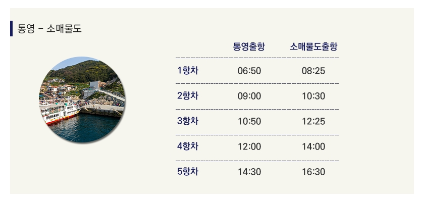 하루 5회 여유롭게 운항하는 소매물도행 여객선 일정표