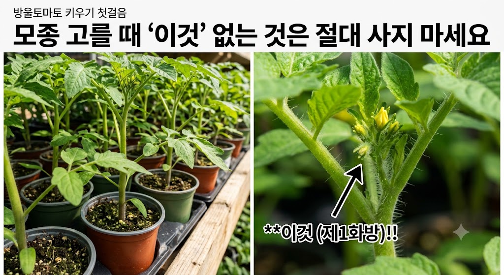 초록색 줄기 끝 생장점 사이에 솜털과 함께 맺혀 있는 방울토마토 꽃봉오리 확대 모습