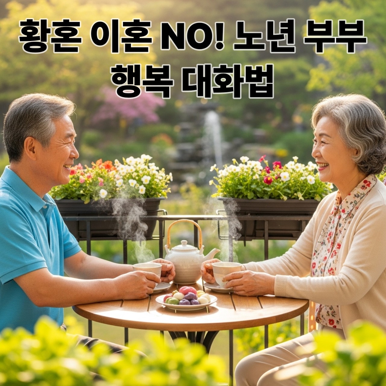 따뜻한 햇살 아래 발코니에서 차를 마시며 서로에게 미소 짓는 행복한 노년기 한국인 부부, 조화로운 관계와 지혜로운 대화를 상징합니다.
