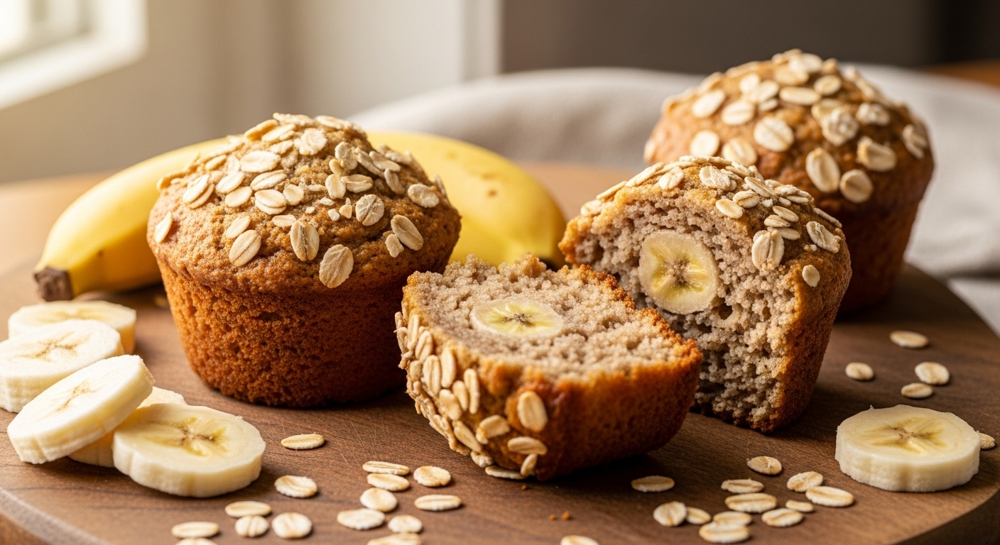 따뜻한 나무 도마 위에 놓인 촉촉하고 먹음직스러운 오트 바나나 머핀 두 개, 하나는 반으로 잘려 속이 보이는 모습