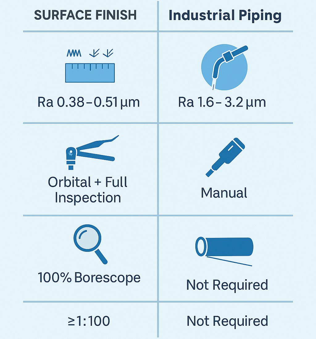 Infographic comparing ASME BPE piping with standard industrial piping in terms of cleanliness, Ra values, and slope design