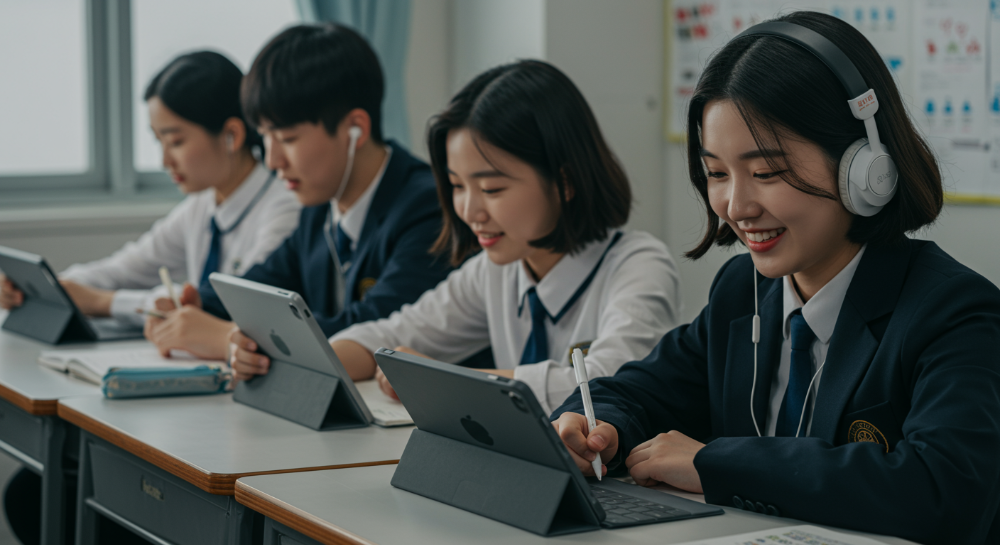 2025년 학생들의 학습 환경을 보여주는 이미지. 다양한 태블릿PC를 활용해 온라인 강의를 듣고, 디지털 필기를 하며, PDF 자료를 보는 초등학생, 중학생, 대학생의 모습.