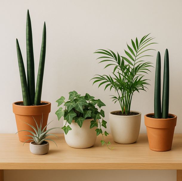 스투키, 산세베리아, 알로에 등의 실내에서 키우는 화분들의 모습