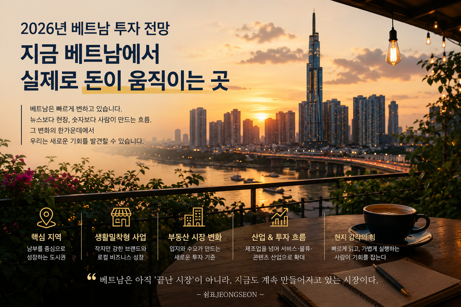 노을이 내려앉은 호치민 강변 도시 풍경을 배경으로, 베트남 투자 흐름과 핵심 산업 변화 내용을 담은 감성 리포트 스타일의 인포그래픽 이미지