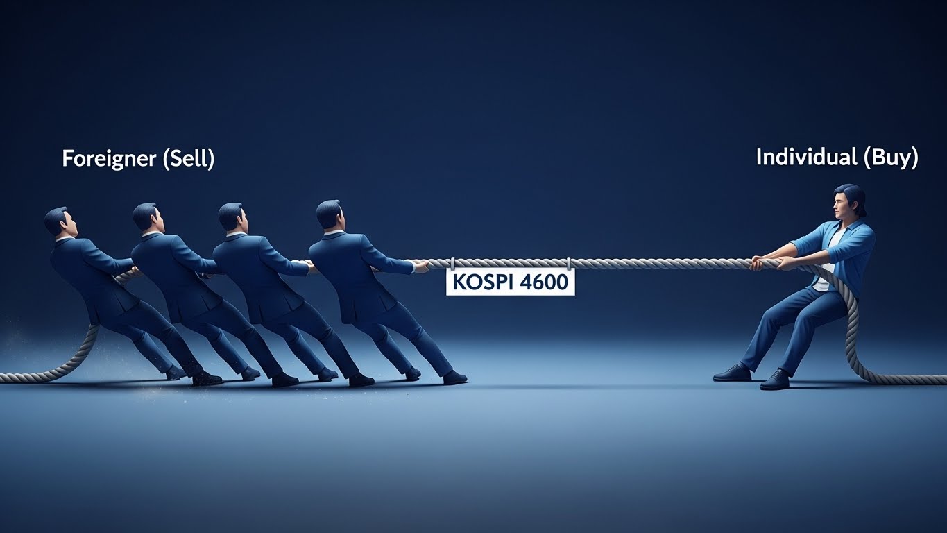 A tug-of-war concept image 'Foreigner (Sell)' vs 'Individual (Buy)' pulling a rope labeled 'KOSPI 4600', Classic Blue theme.
