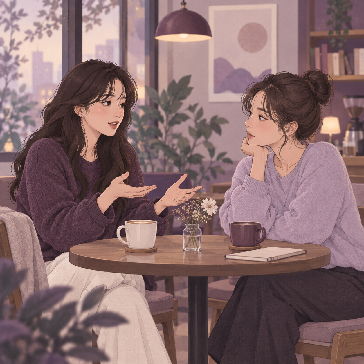 카페에서 서로의 생각을 차분하게 이야기하고 듣는 두 여성