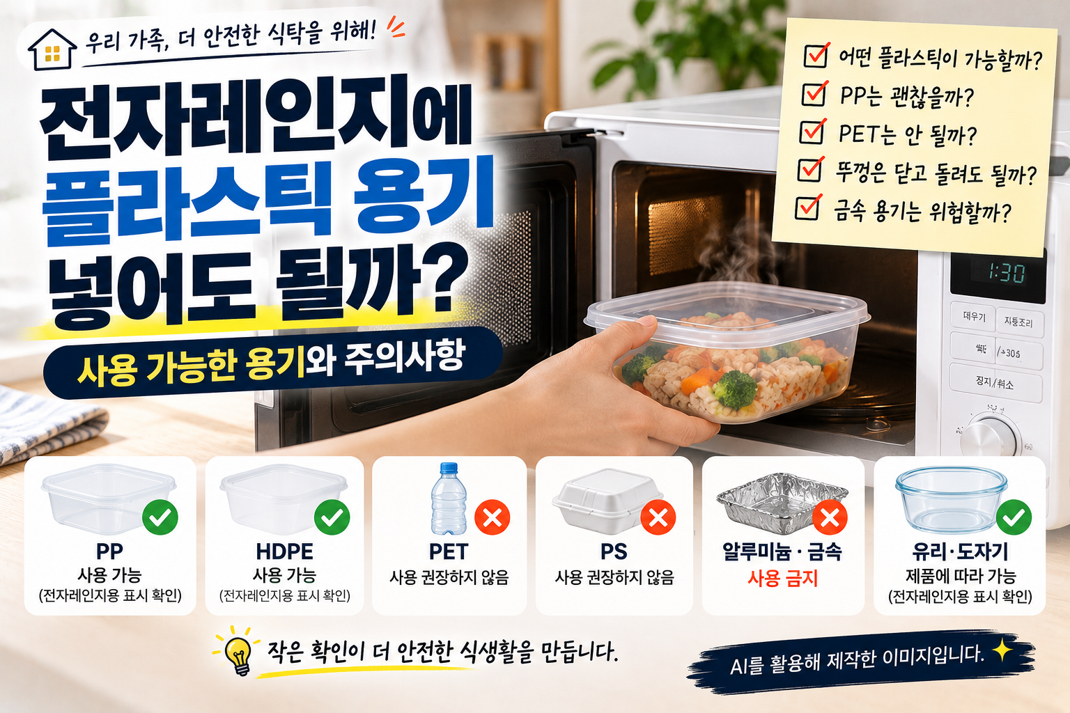 전자레인지 플라스틱 용기 PP PET PS 재질별 사용 가능 여부와 주의사항