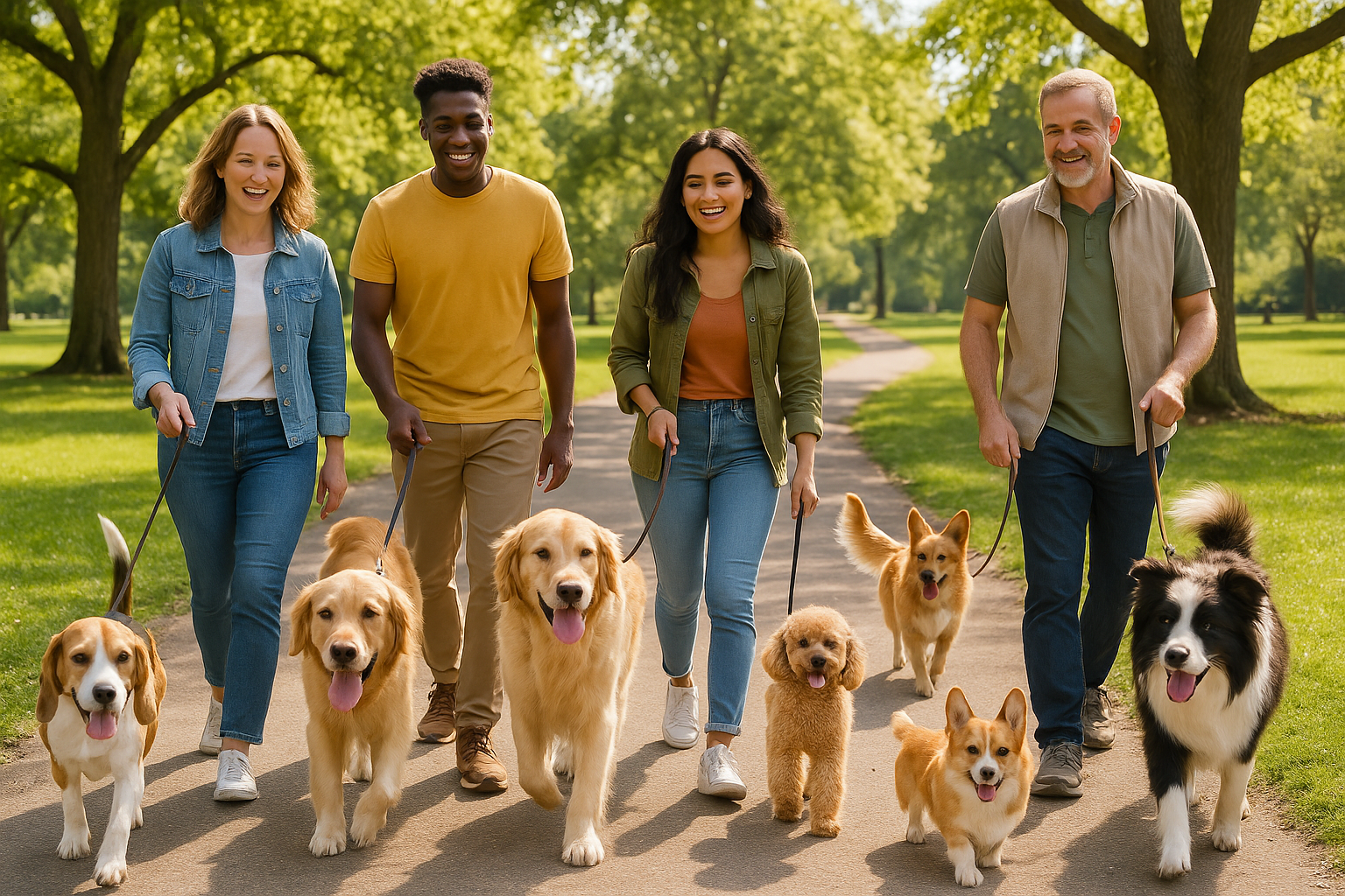 강아지들과 산책하는 견주들