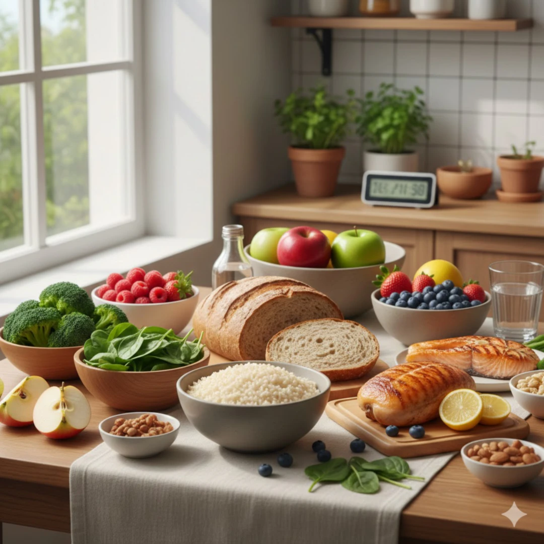 신선한 채소와 과일(브로콜리&amp;#44; 시금치&amp;#44; 베리류&amp;#44; 사과 등)&amp;#44; 통곡물(현미밥&amp;#44; 통밀빵)&amp;#44; 저지방 단백질(닭가슴살&amp;#44; 생선)이 풍성하게 차려진 식탁을 보여줍니다. 밝고 자연적인 조명 아래&amp;#44; 다채로운 색감으로 건강하고 균형 잡힌 식사의 중요성을 부각합니다.