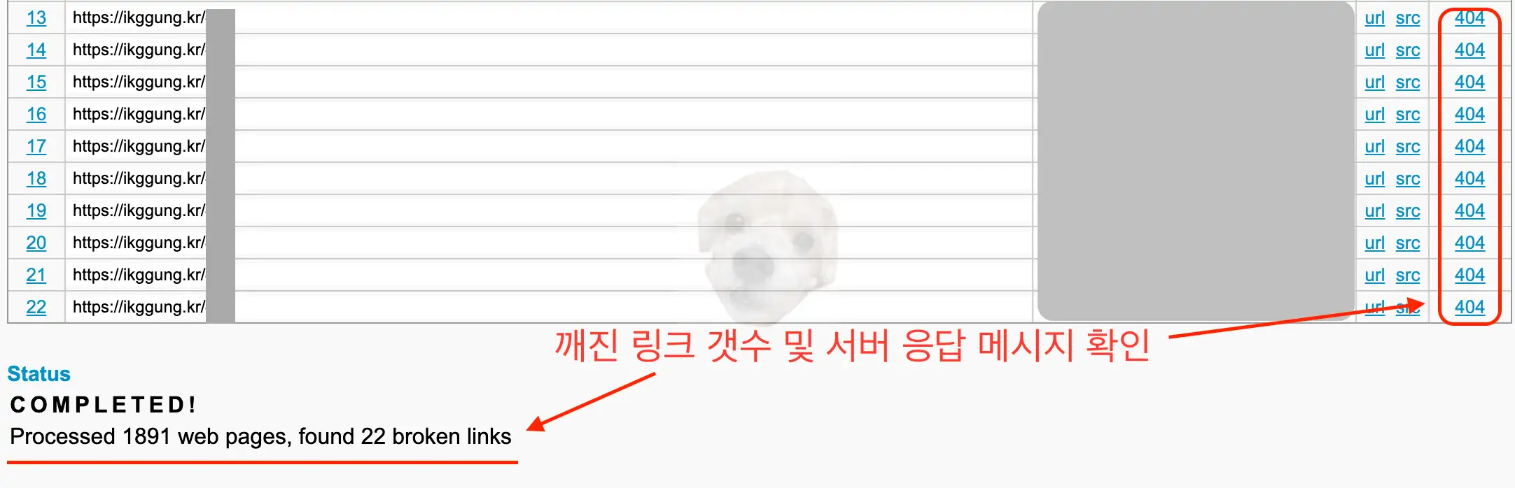 블로그 내 깨진 링크 개수와 응답 메시지 확인 사진