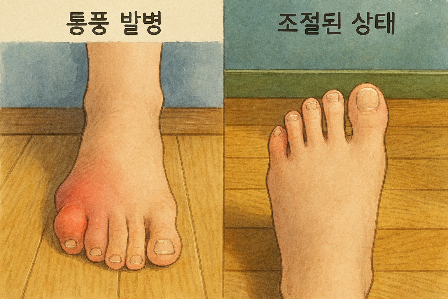 통풍이 발병되었을때의 발가락과 현제의 모습비교