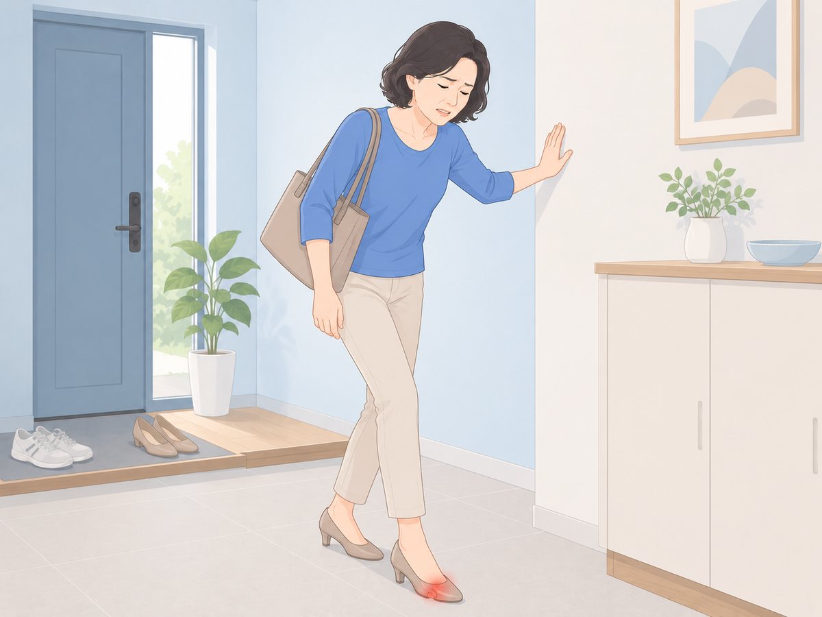 굽 있는 앞코 좁은 구두를 신고 걷다가 벽을 짚고 얼굴을 찡그리는 여성, 구두 앞쪽 바깥이 붉게 표시됨