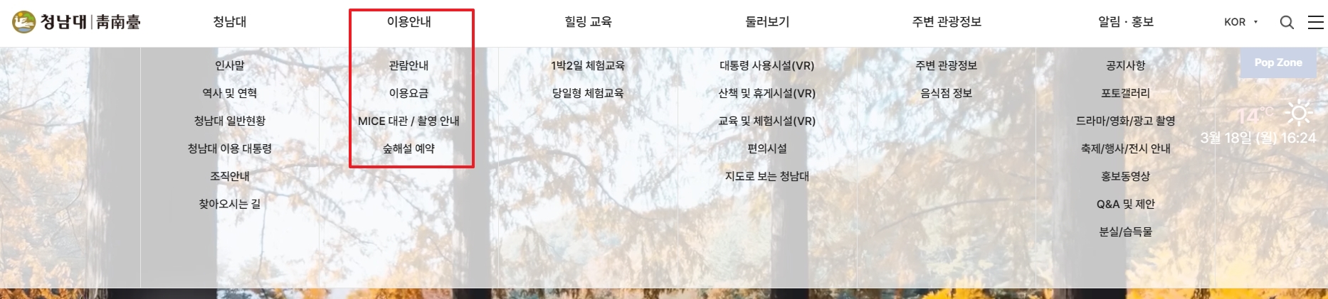 상단 메인 메뉴바의 세부 카테고리 항목들