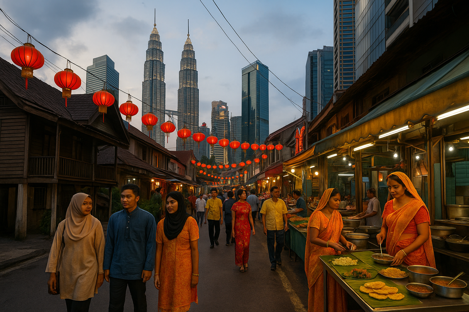 황혼빛 아래 전통 말레이 가옥과 붉은 중국 등롱, 인도 음식 노점이 현대식 고층 빌딩을 배경으로 어우러진 쿠알라룸푸르 다문화 거리 풍경