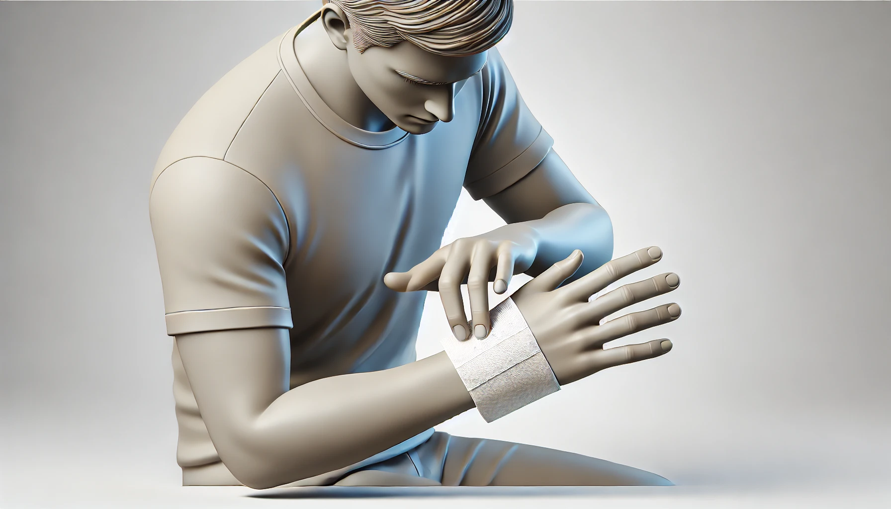 한 사람이 팔을 들고 손 상처에 깨끗한 거즈를 대어 지혈하는 모습을 3D 스타일로 표현한 일러스트