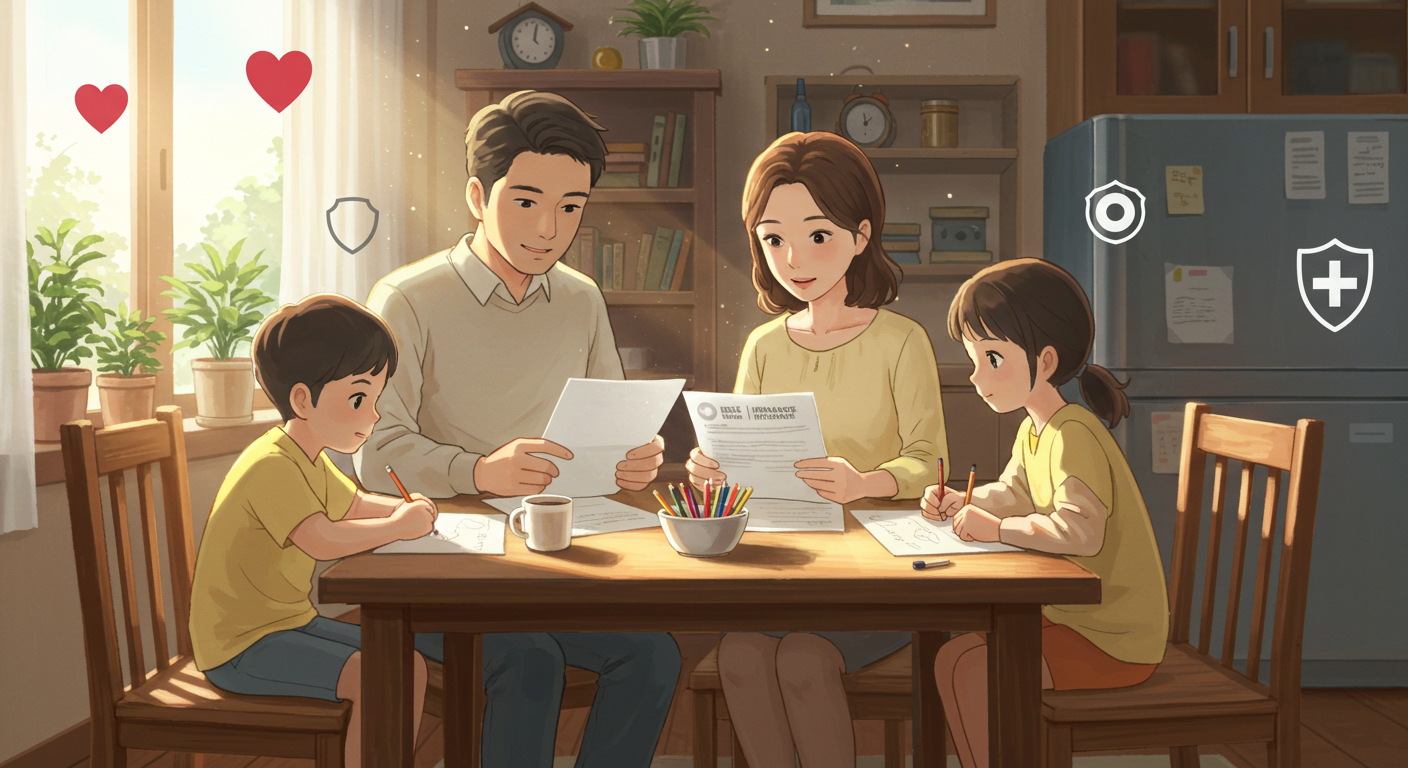 부모가 암보험 서류를 검토하는 동안 아이들이 곁에서 함께 있는 가족 모습