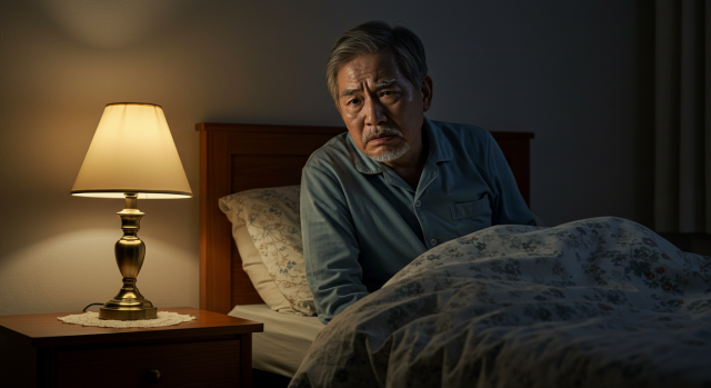 밤에 불안해하며 잠 못 드는 노인의 모습
