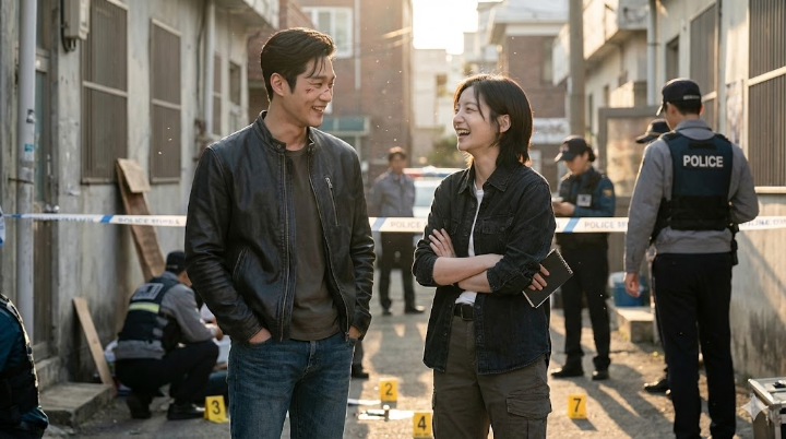 수사 현장에서 서로를 바라보며 씩 웃는 진이수와 이강현